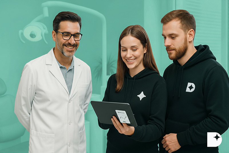 Zahnarztteam bespricht Marketingstrategie – DentalArmy bietet Praxismarketing-Beratung für Zahnärzte mit Fokus auf Sichtbarkeit, Planung und Positionierung.