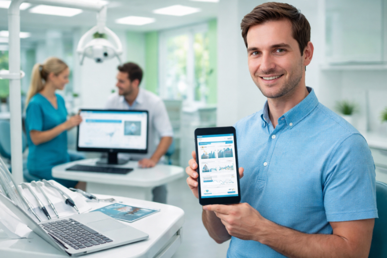 Zahnarzt Marketing mit DentalArmy: Zahnarzt zeigt digitale Terminbuchung auf Smartphone und moderne Praxis Website