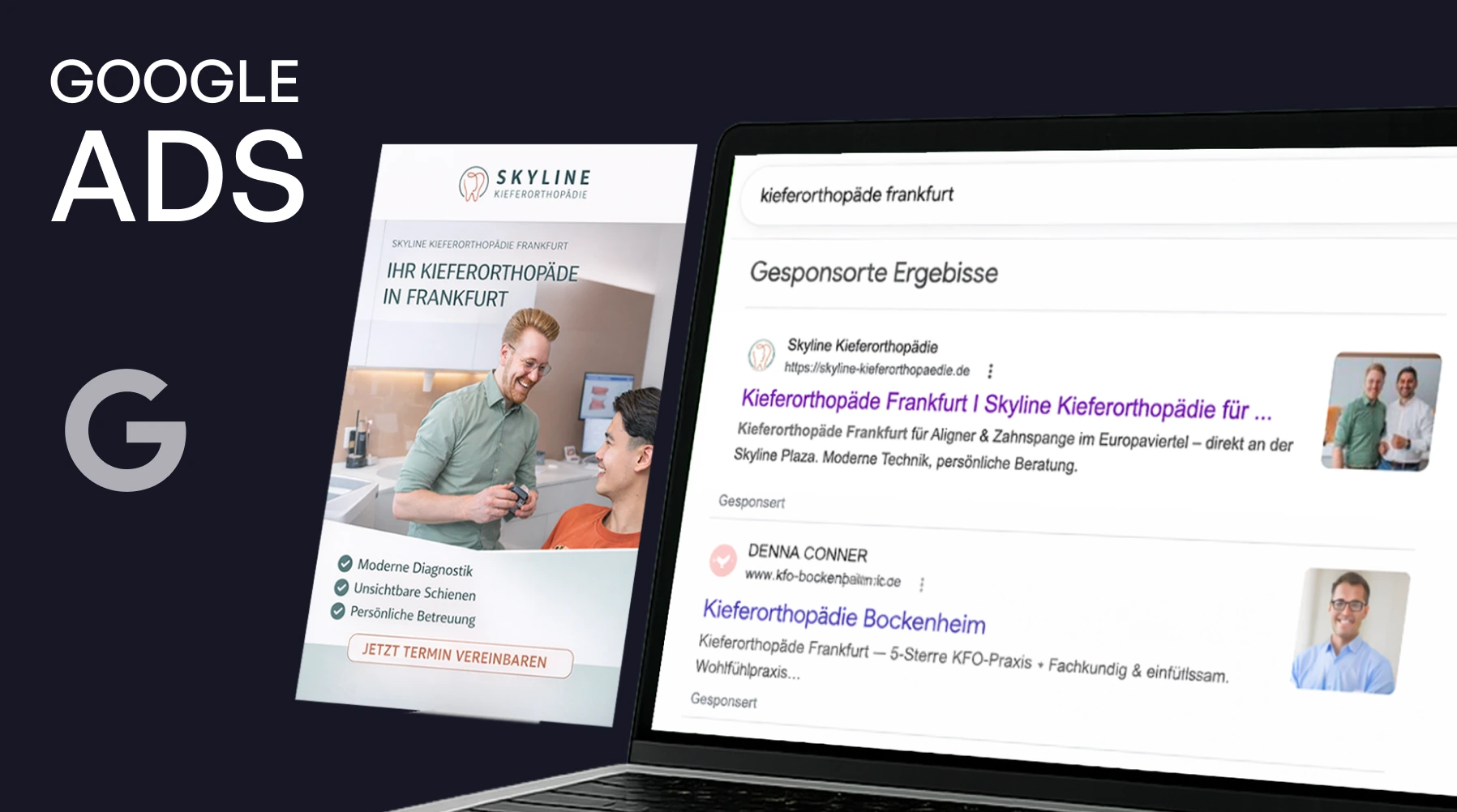 Google Ads für Zahnärzte: Anzeige einer Zahnarztpraxis auf Laptop und Smartphone