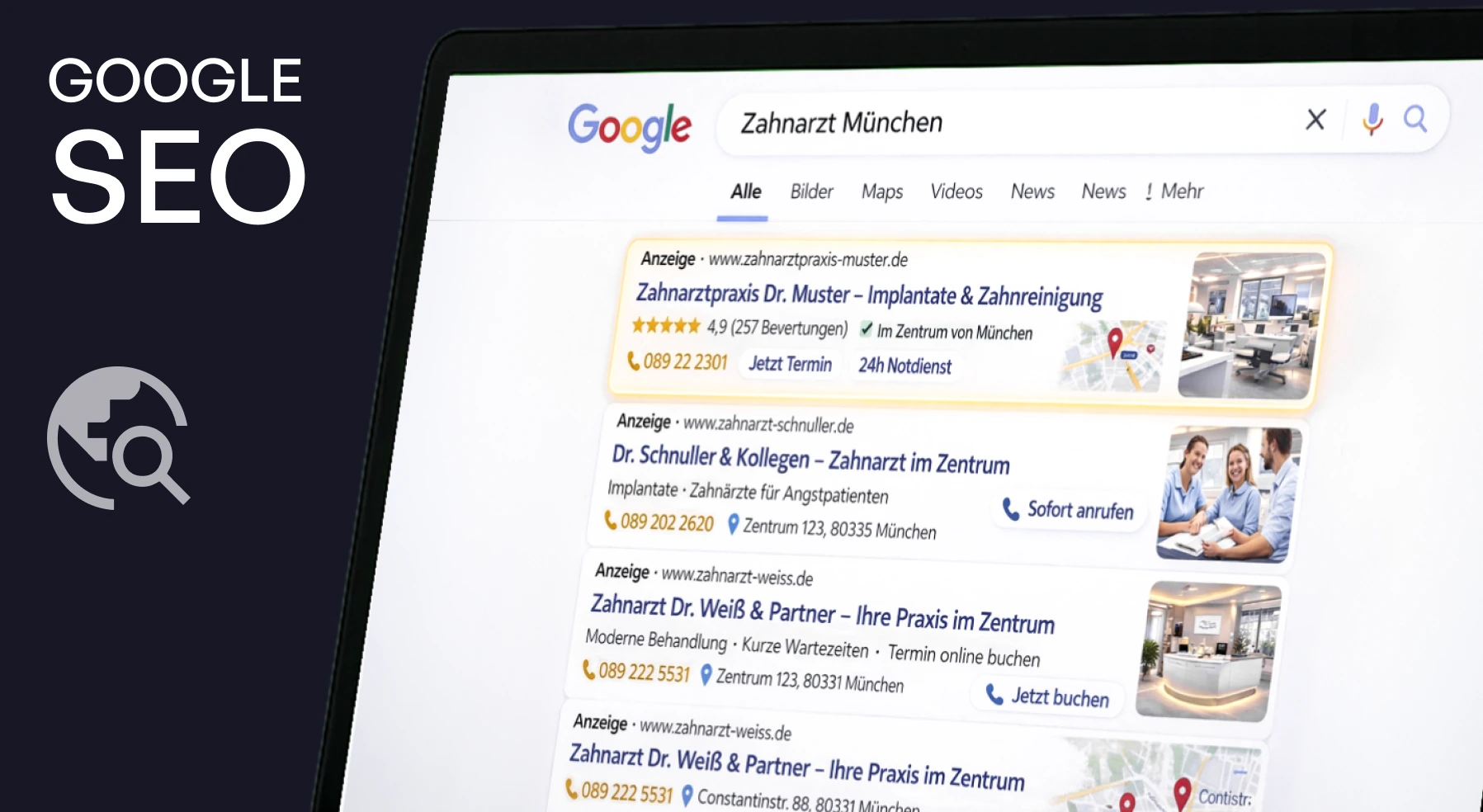 SEO für Zahnärzte: Google-Suchergebnisse einer Zahnarztpraxis auf Laptop und Smartphone