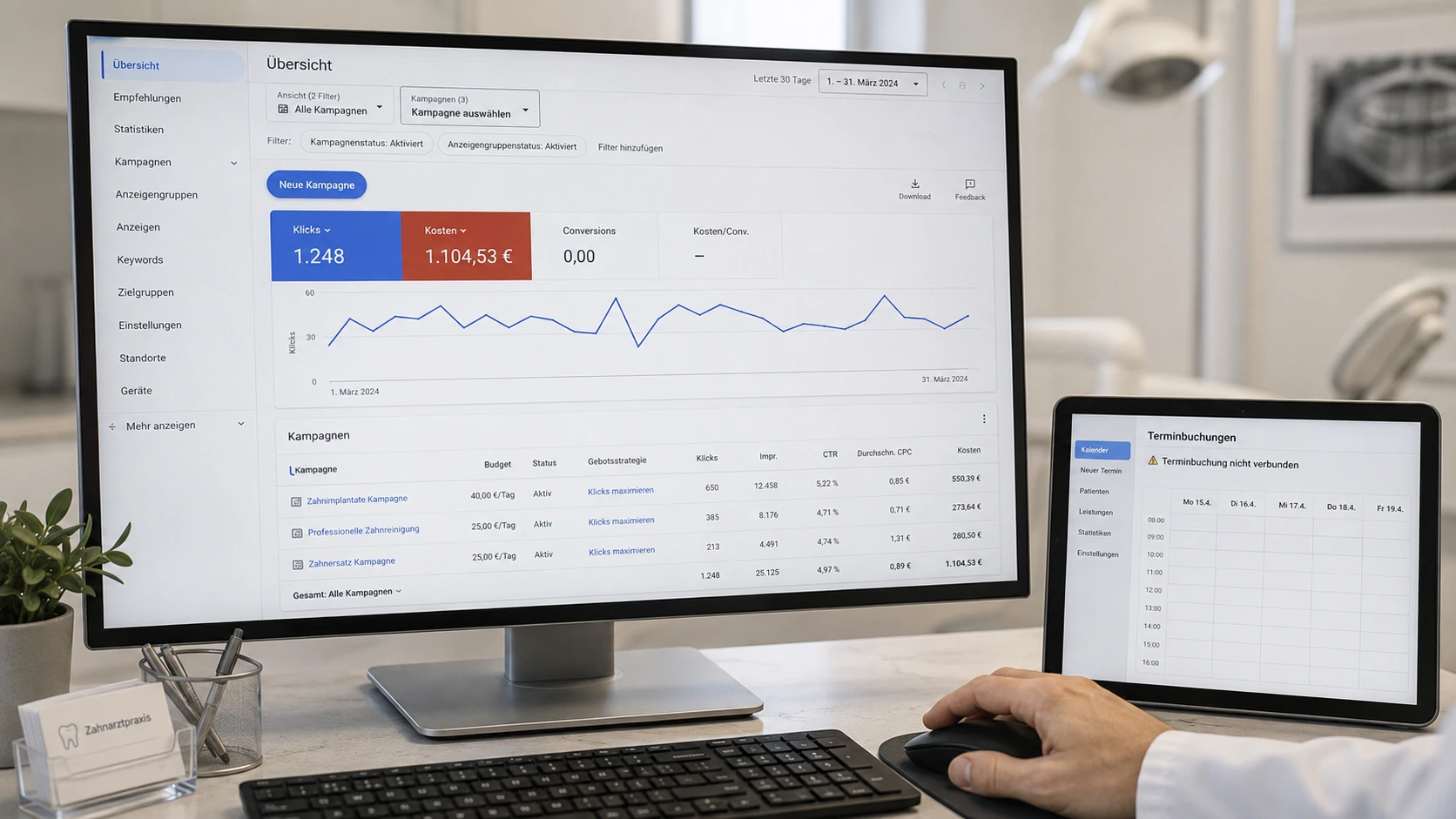 Google-Ads-Kampagnen-Dashboard mit Klicks und Kosten am Bildschirm