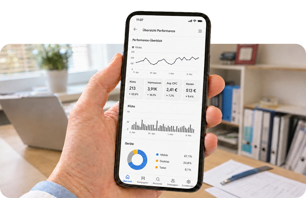 Google-Ads-Statistiken einer Zahnarztpraxis auf dem Smartphone