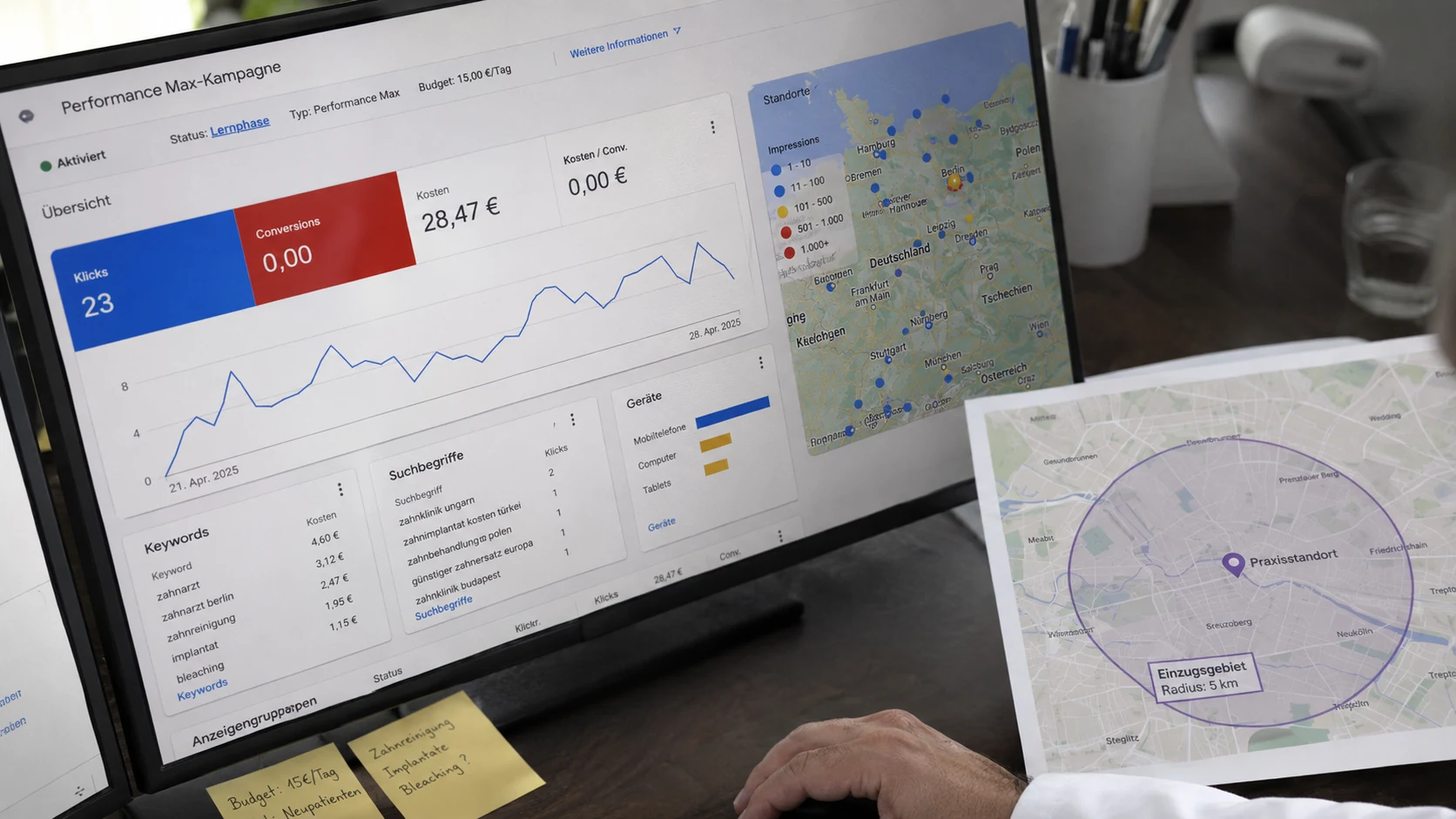 Standort-Targeting einer Google-Ads-Kampagne mit Karte rund um die Praxis